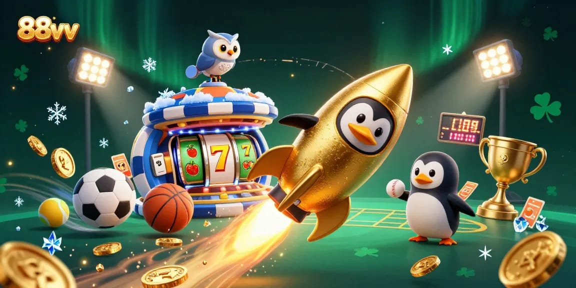Engage with 88vv, where a golden penguin launches towards a vibrant casino in a thrilling gaming universe.