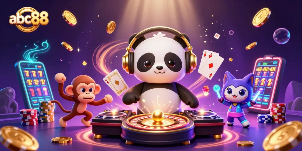 abc88 unleashes a vibrant 3D illustration of a DJ panda, breakdancing monkey, and rave kitten in a casino atmosphere, showcasing fun and excitement.