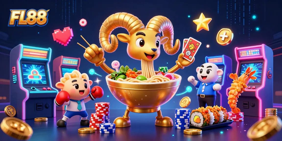 Experience the excitement of FL88 with a vibrant 3D casino scene featuring animated food characters and gaming elements.