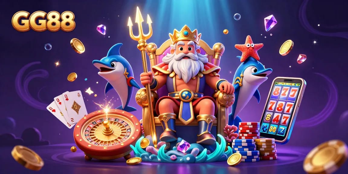 Experience the vibrant world of GG88 with Neptune, coins, and gaming elements in a lively casino scene.