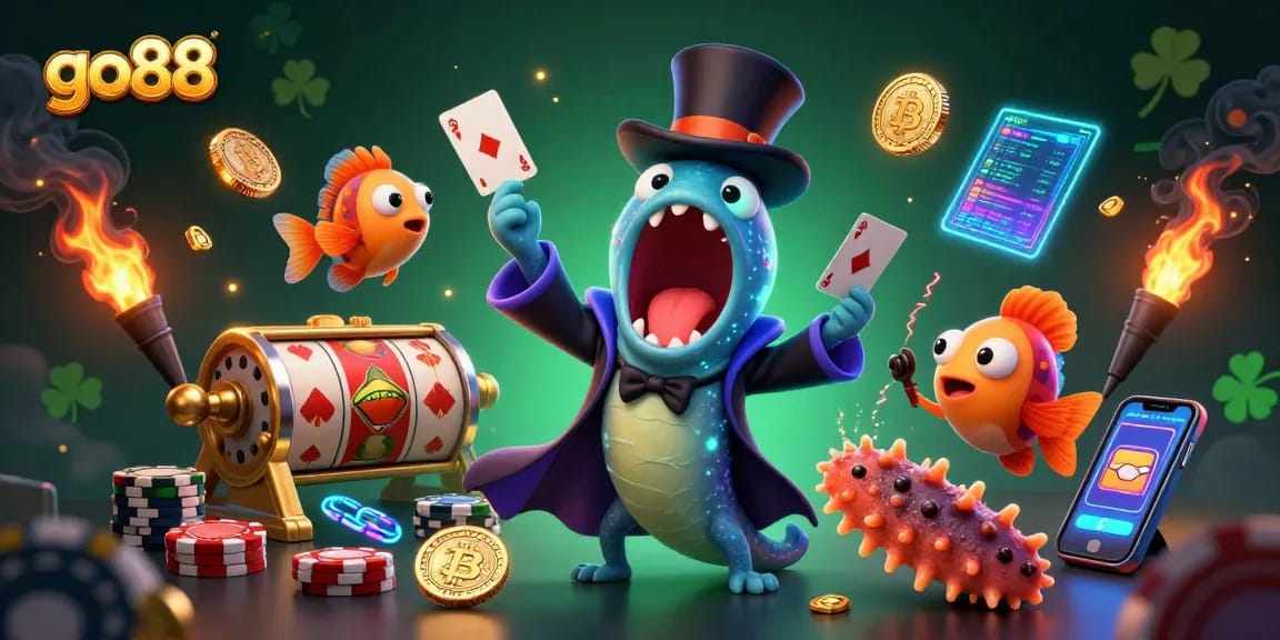 Experience go88 thrills as a bioluminescent eel magically showcases card tricks in a vibrant casino scene.
