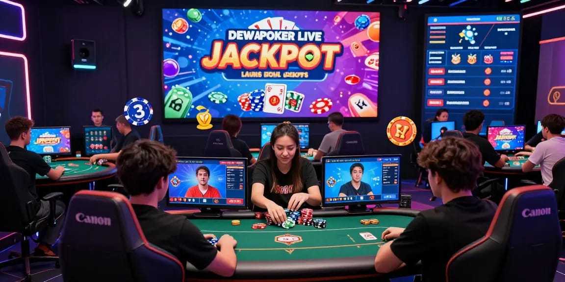 Dewapoker Live Jackpot online poker tournament scene with players and colorful graphics.