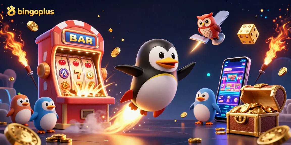 Experience thrilling entertainment at bingoplus with a 3D golden penguin blasting off in a vibrant casino scene.