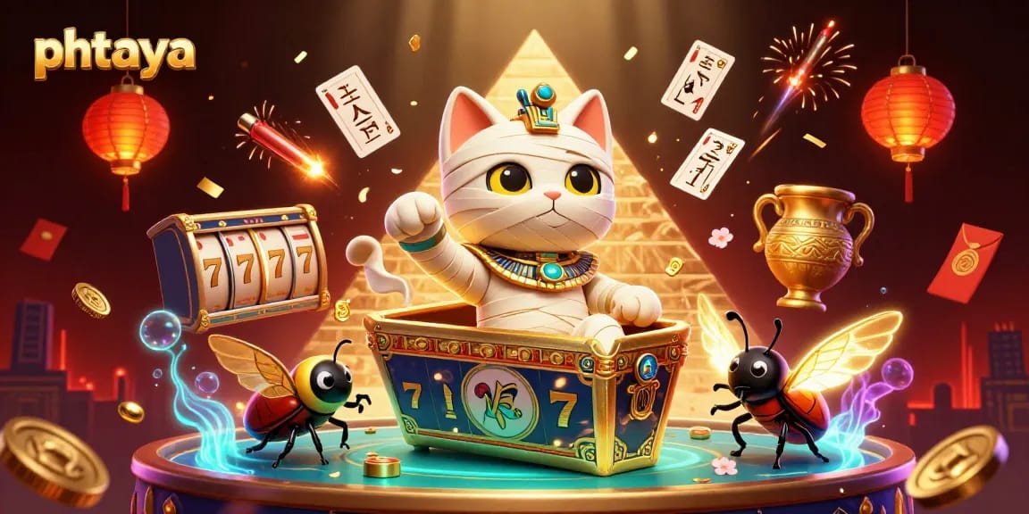 Experience the thrill of winning big with PHTAYA's vibrant casino illustration, featuring an Egyptian mummy cat.