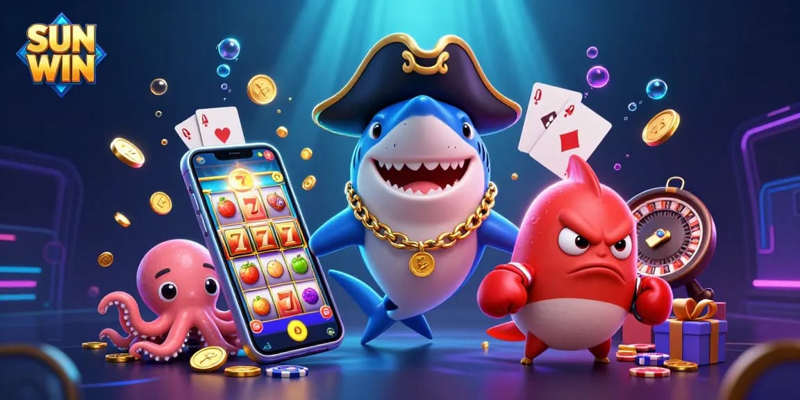 SUN WIN showcases a vibrant 3D casino scene with cartoon characters and dynamic slot game elements.