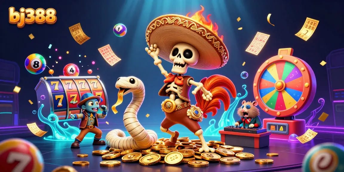 BJ388 showcases a vibrant scene with a mariachi rooster dancing on golden coins amidst colorful slot games and lottery balls.