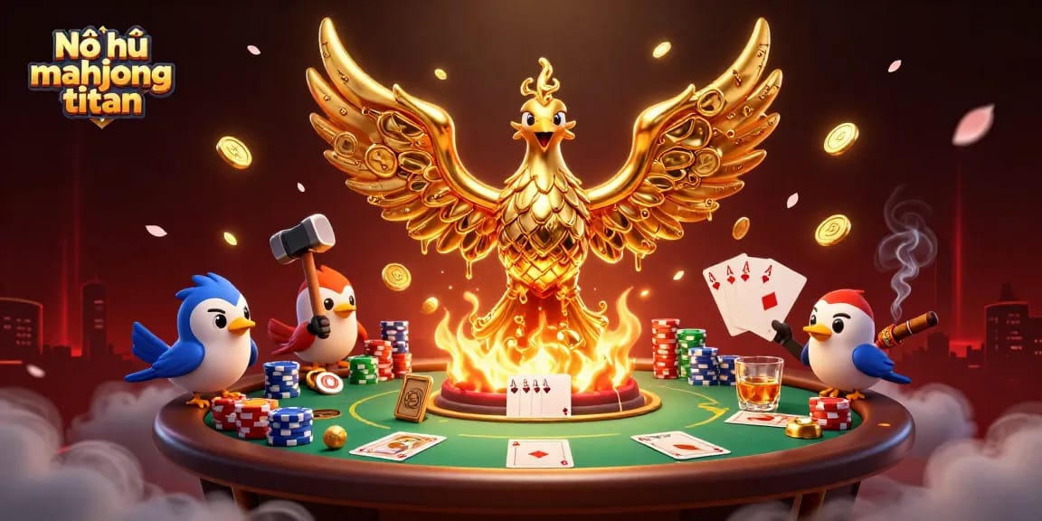 Nổ hũ mahjong titan showcases a golden phoenix with gold coins emerging, surrounded by poker chips and cards in a vibrant casino setting.
