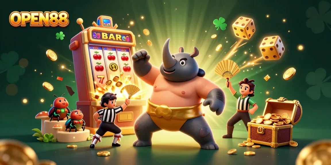 Experience the thrill of OPEN88 with a dynamic 3D casino scene full of action and colorful elements.