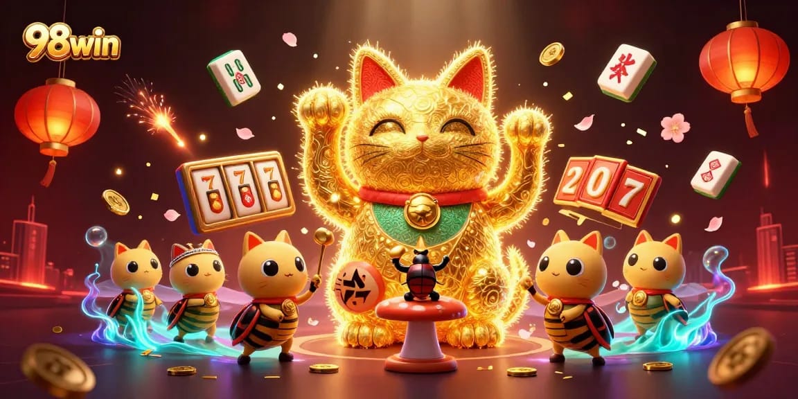 Engage with 98win's enchanting display of a lucky cat formed by fireflies, showcasing vibrant casino elements.
