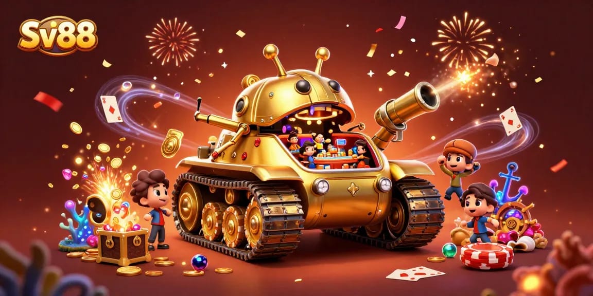 Sv88 reveals an exciting casino scene within a golden beetle tank, shimmering with confetti and gold.