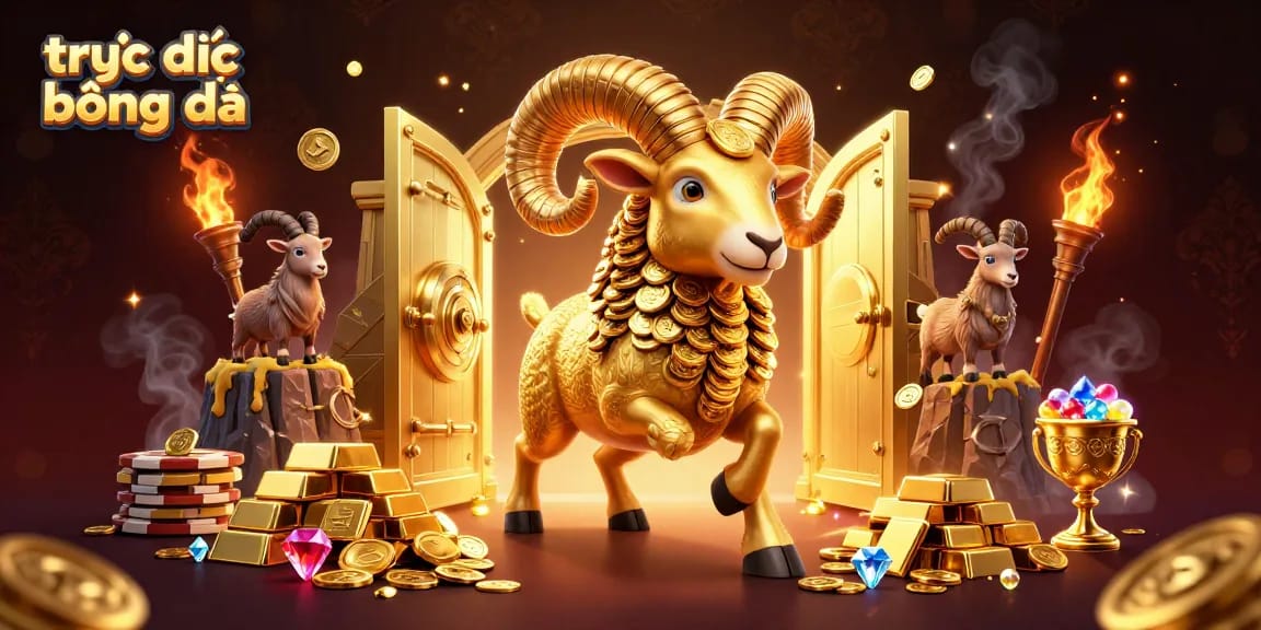 Engage in trực tiếp bóng đá action with a vibrant scene of golden ram charging through a treasure vault.