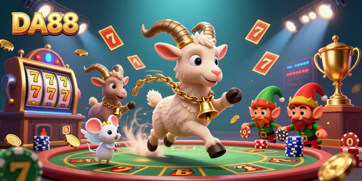 Engage in thrilling gaming at DA88 with a festive holiday casino scene filled with animated characters and exciting elements.