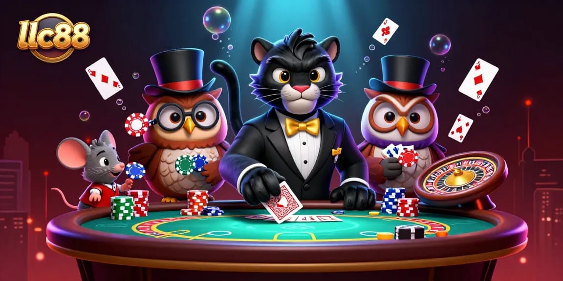 Experience winning with lclc88's vibrant casino scene featuring a tuxedo panther and poker owl.