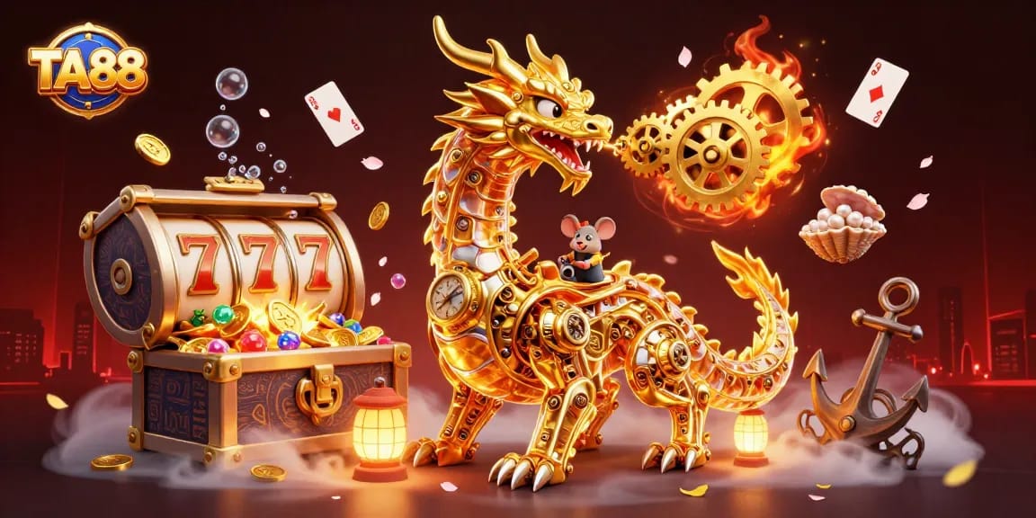 Engage with TA88's thrilling slots as a golden dragon reveals hidden treasures in this vibrant casino scene.