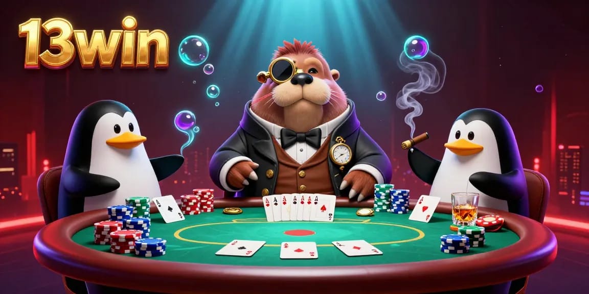 Join the underwater poker game featuring 13win's jolly walrus, sophisticated penguin dealer, and bluffing pufferfish.