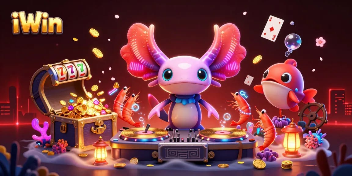 Play iWin with a colorful axolotl DJ and friends in an underwater casino party scene.