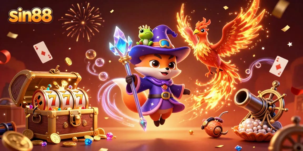 Experience the magic of sin88 with a wizard fox and phoenix amid slot reels and treasure!