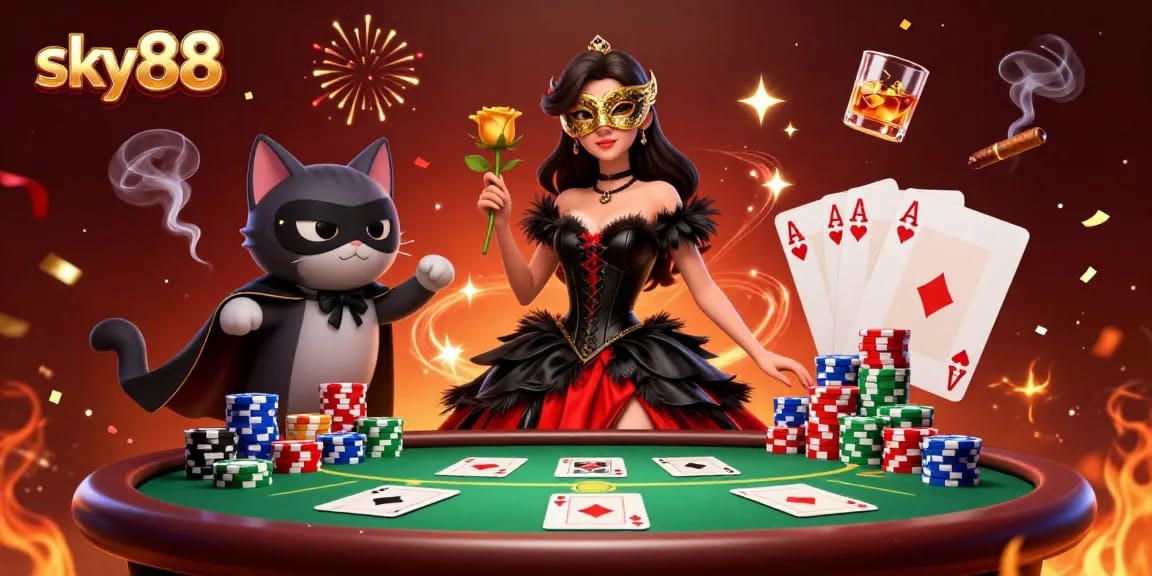 Engage with sky88 in a vibrant casino scene showcasing a stunning woman in a black gown alongside dynamic poker elements.