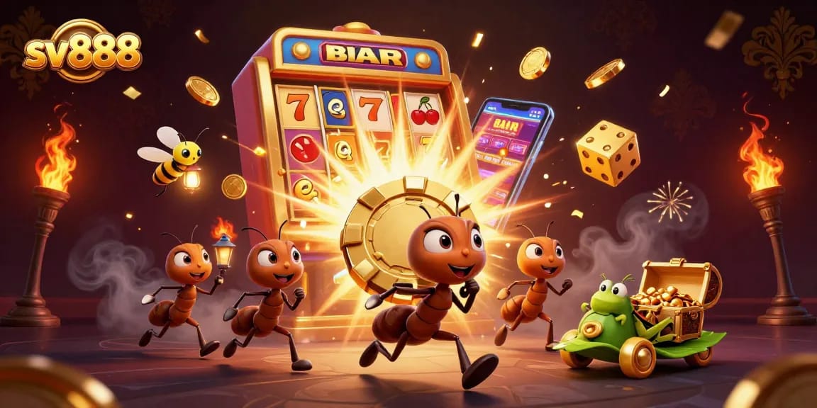 Experience sv888's thrilling casino atmosphere with playful cartoon ants on a heist adventure.