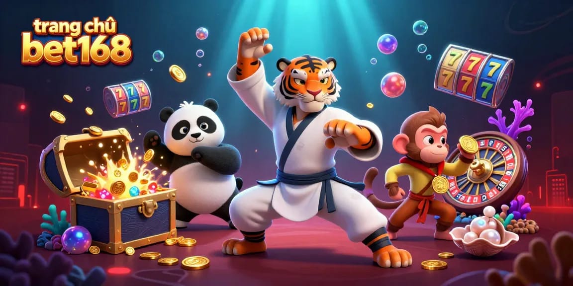 Energize your bets with the dynamic scene of trang chủ bet168 featuring a kung fu tiger master, panda disciple, and monkey student in an enchanting casino atmosphere.