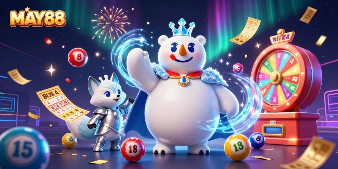 MAY88 enhances excitement with a 3D polar bear king and snowy companion among vibrant lotto elements.