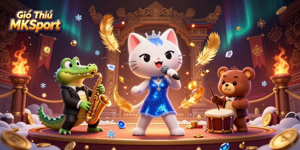 Engaging scene of Giới Thiệu MKSport with a 3D cartoon jazz-singer cat and fun casino atmosphere.