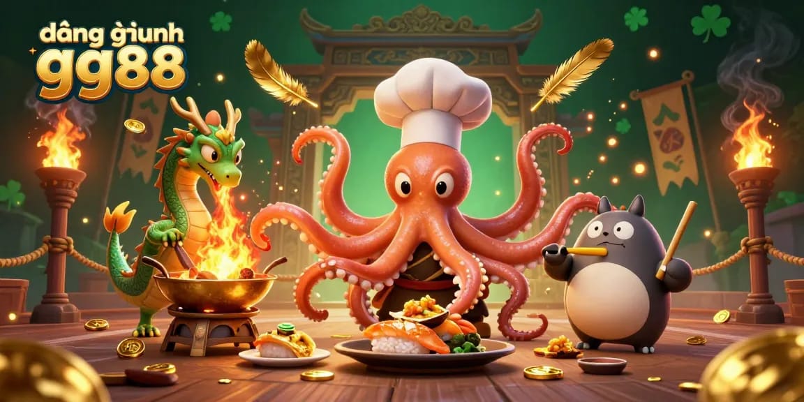 Join the excitement at đăng nhập gg88 with dynamic 3D casino characters in a golden seafood kitchen.