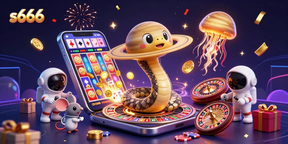 Bet big with s666's thrilling games as vibrant cartoon characters engage in cosmic casino action.