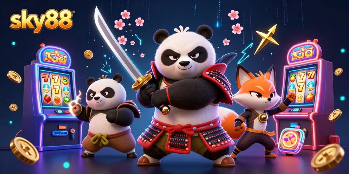 sky88 inspires excitement with samurai panda and ninja fox amidst colorful slot machines.