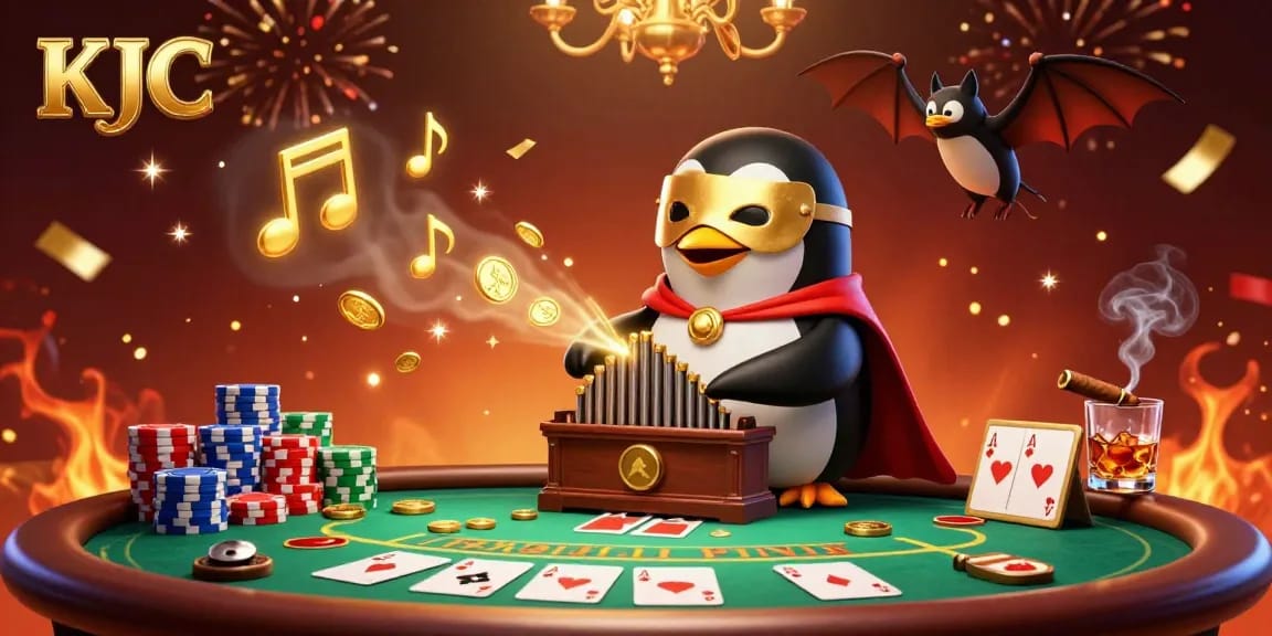 KJC entertains as a penguin plays an organ shooting coins amid a bustling casino environment.