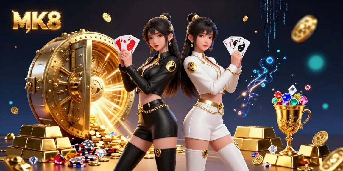 Win big with MK8 at this vibrant online casino scene featuring stunning twin Asian women and gold treasures.