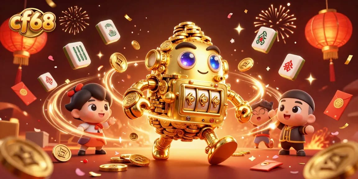 Engage with CF68's exciting games showcased in a dynamic, festive casino scene.