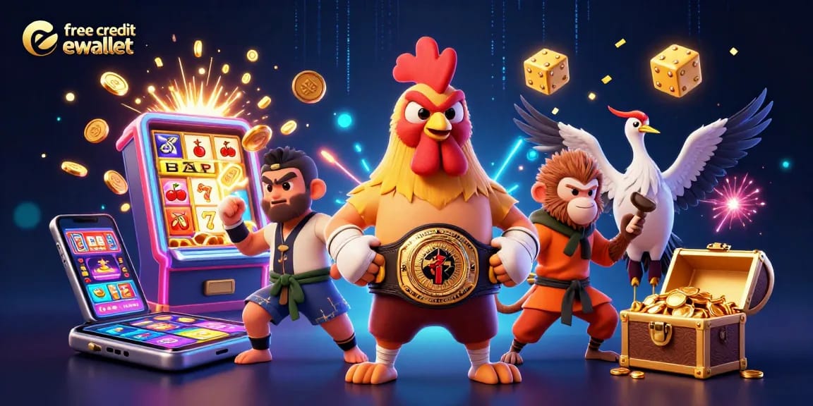 Engage with free credit ewallet as dynamic characters celebrate winnings amidst thrilling casino elements.