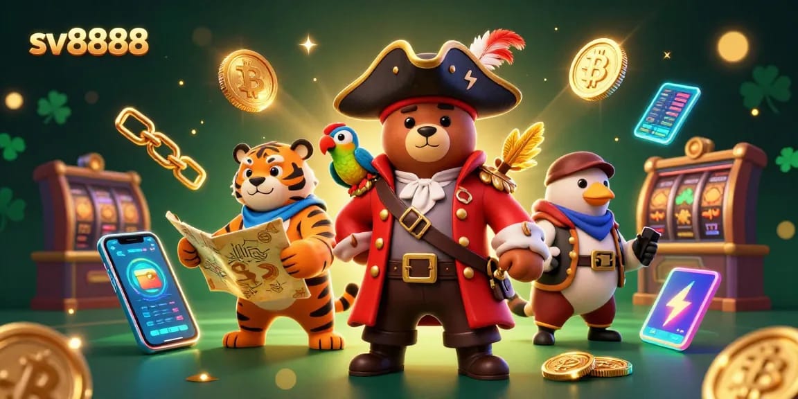 Engage in thrilling challenges at sv8888, featuring a dynamic 3D pirate captain bear, crypto themes, and slot elements.