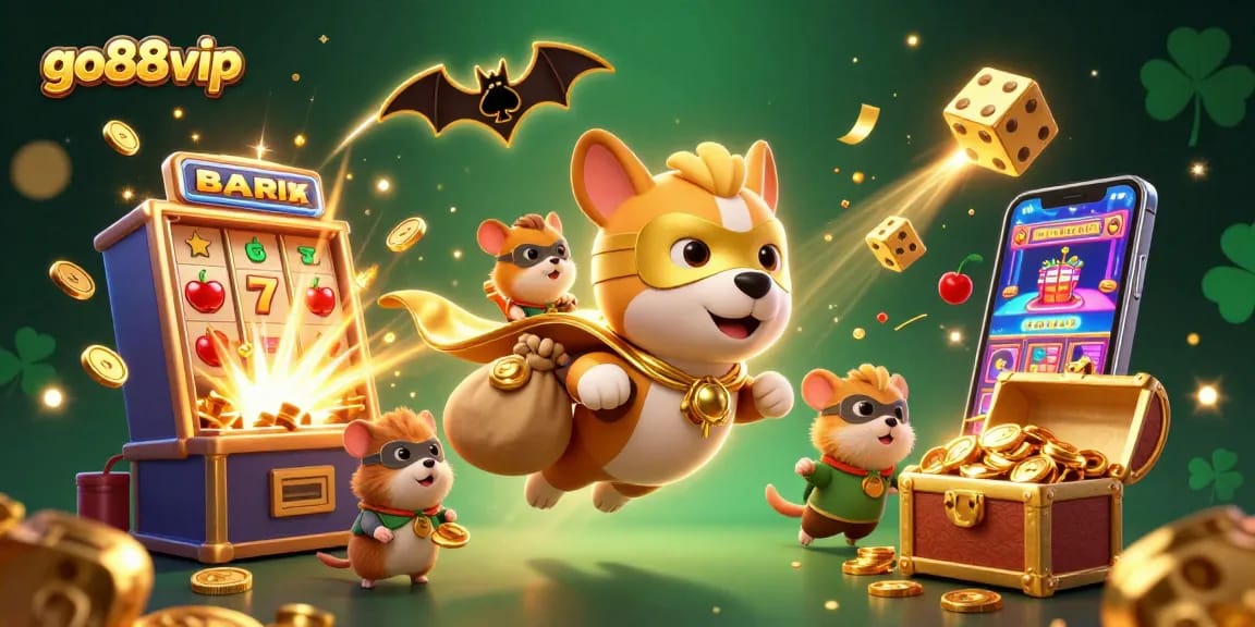 Engage with go88 vip in a dynamic 3D illustration showcasing an adventure in a vibrant casino world.