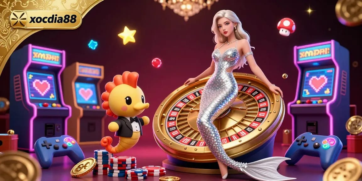 Xocdia88 showcases a glamorous scene with a mermaid and seahorse beside a golden roulette wheel, highlighting the thrill of online gambling.