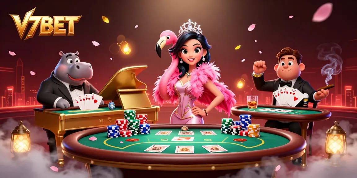 Join the excitement at V7BET, where a flamingo pianist and hippo bassist entertain in a vibrant casino atmosphere.