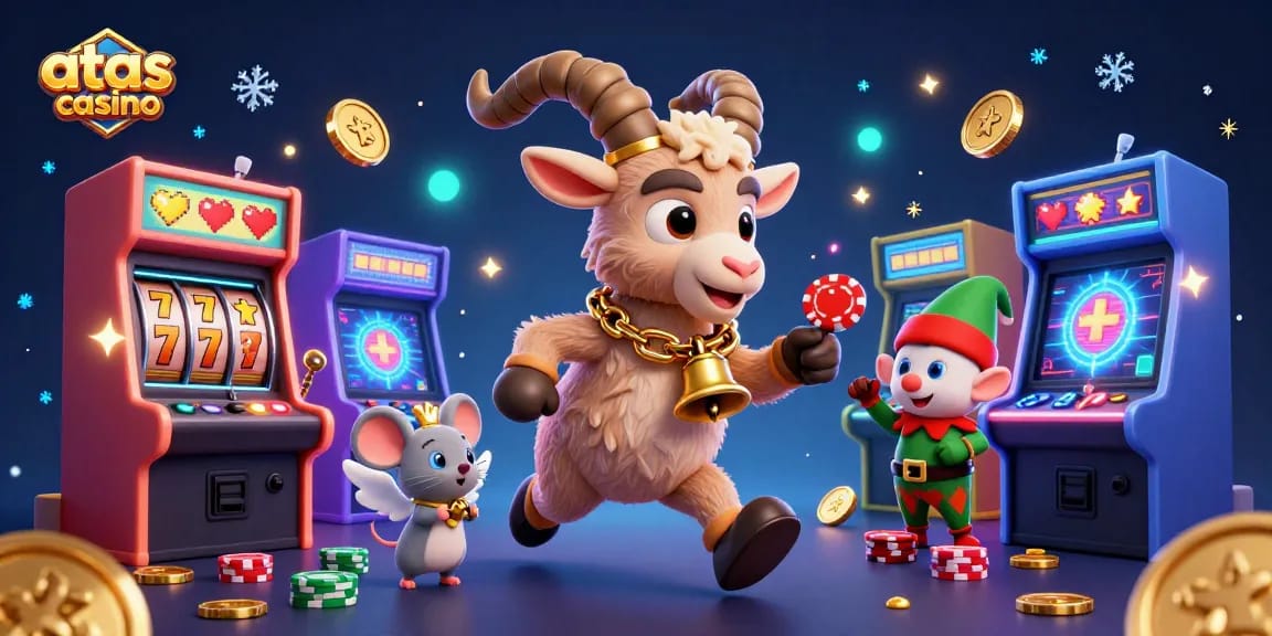 Join the action at atas casino with a festive scene of characters surrounded by exciting game elements.