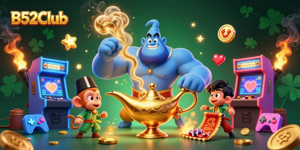 Engage with B52Club’s captivating scene featuring a muscular genie, poker chips, and vibrant gaming elements.