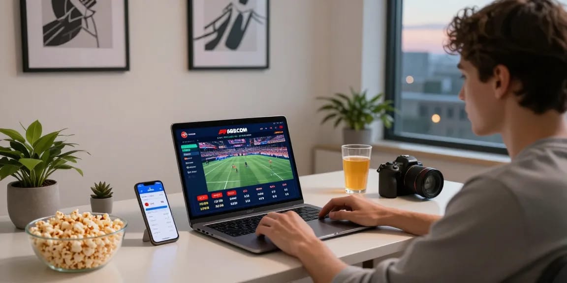 Engaging online gambling experience on F168COM featuring a user in a cozy home office.