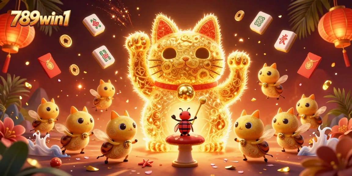 Experience thrilling moments with 789win1's vibrant lucky cat illustration filled with casino elements.