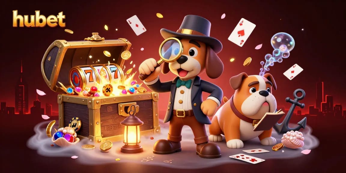 hubet enhances your gaming experience with a lively illustration of a detective and treasure clues