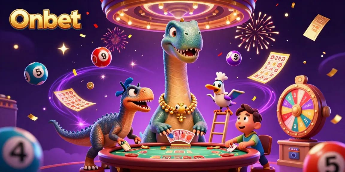 Onbet promotes an exciting casino experience with a vibrant scene featuring a brontosaurus and a clever raptor.