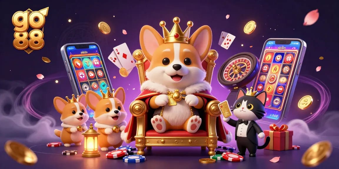 Các chú corgi hoàng gia đang tận hưởng không khí của go 88 tại sòng bạc với thẻ bài vàng.