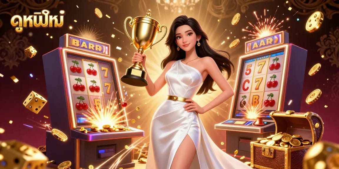 Experience ดูหนังใหม่ with a vibrant 3D casino illustration featuring a triumphant woman holding a trophy, surrounded by dynamic gaming elements.
