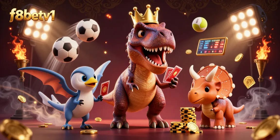 f8betv1 showcases an engaging casino scene with a T-Rex shuffling cards and creatures interacting with game elements.