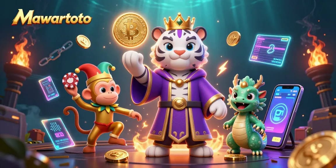 Experience the excitement of Mawartoto with vibrant characters and casino elements in this dynamic illustration.