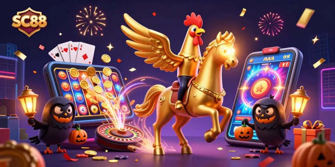 Experience thrilling gameplay at SC88 with golden rooster characters and dynamic casino action.