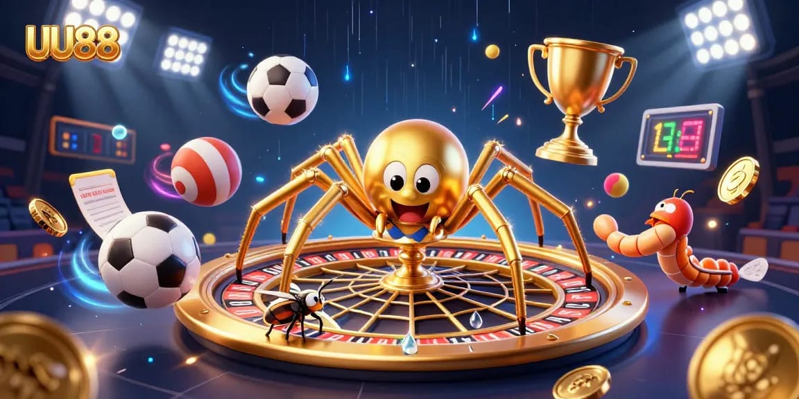 Engage in thrilling bets with UU88 in a vibrant, animated casino scene featuring a spider, croupier, and sports elements.
