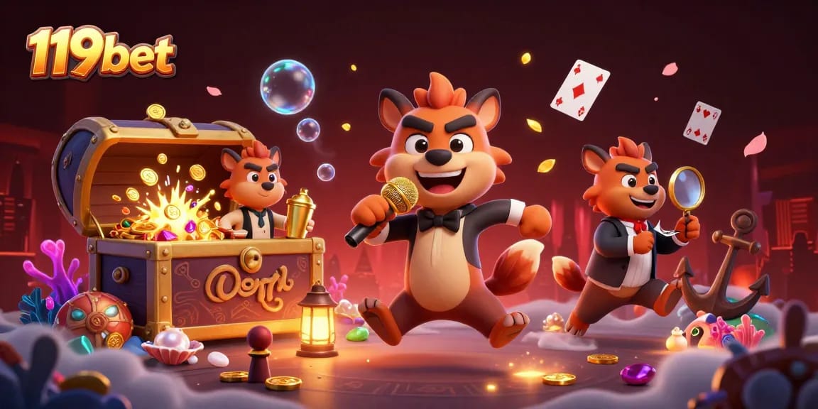 Experience the vibrant excitement of 119bet with an animated casino scene featuring hyenas in a comedy club.